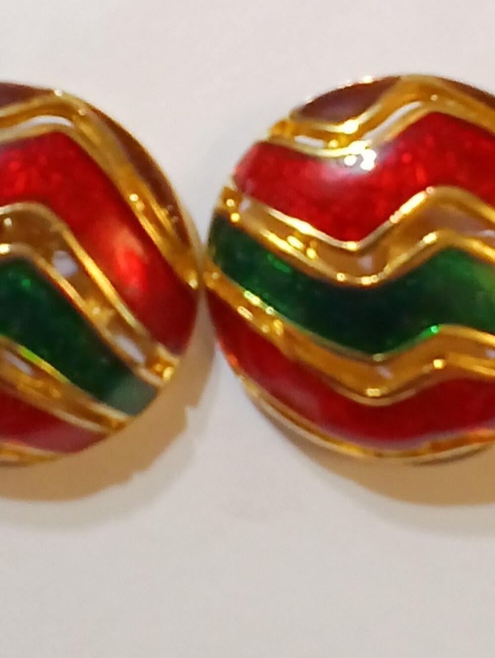 Vintage Gold-Tone Red and Green Wave Enamel Button Earrings